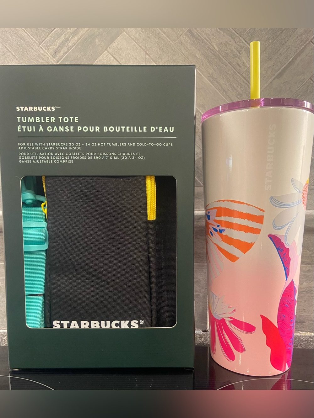 Starbucks Tumbler Sling Tote w 24oz Floral Tumbler